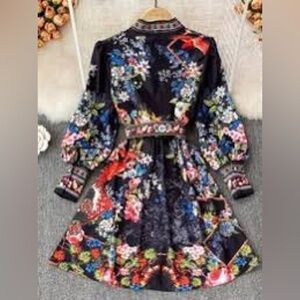 Dalia Macphee Long Sleeve floral border print shirt dress